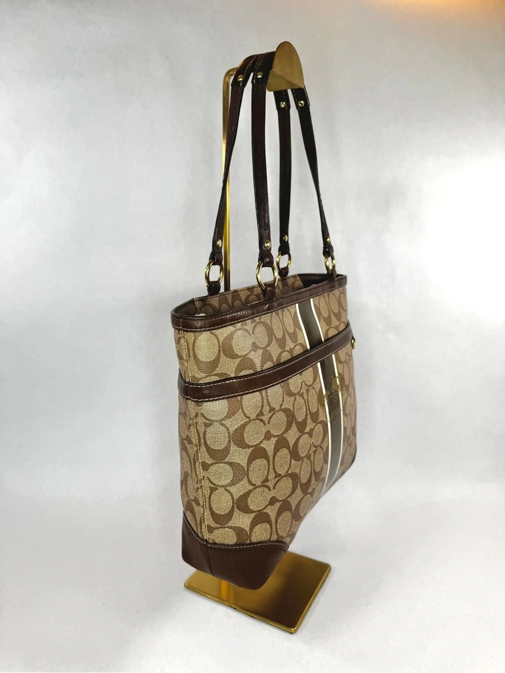 Coach Signature Stripe Tote Bag Brown Jacquard Canvas & Leather Shoulder Bag